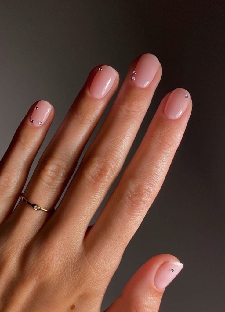 Short Almond Sheer Pink Silver Rhinestone Accents — Trendy Bridesmaid Nails