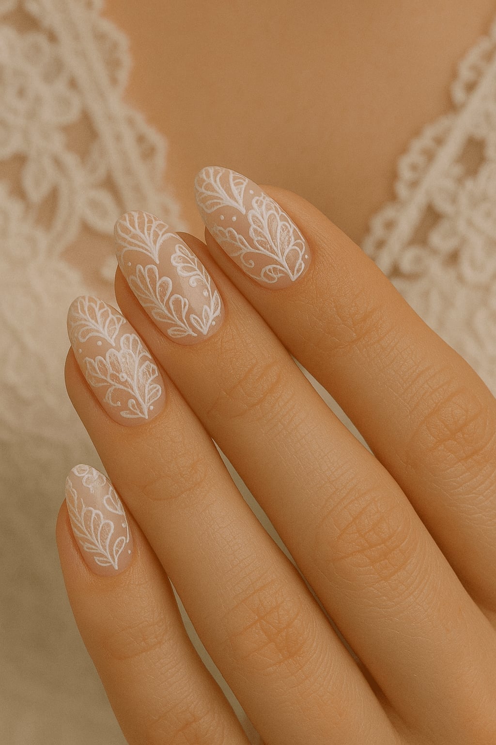 Short Almond Nude White Lace Pattern Nails — Trendy Bridesmaid Nails