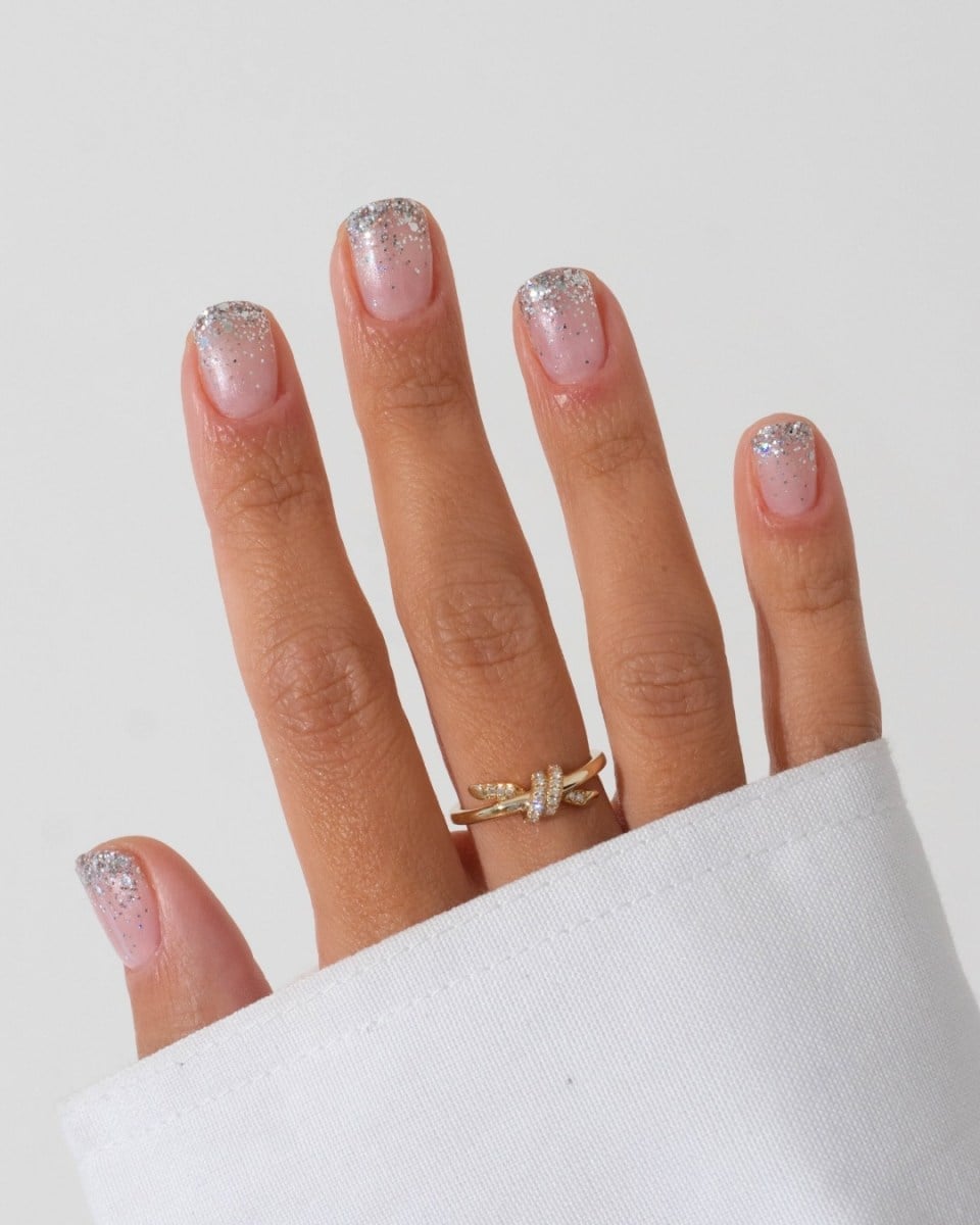 Short Square Sheer Pink Glitter Fade Nails — Trendy Bridesmaid Nails
