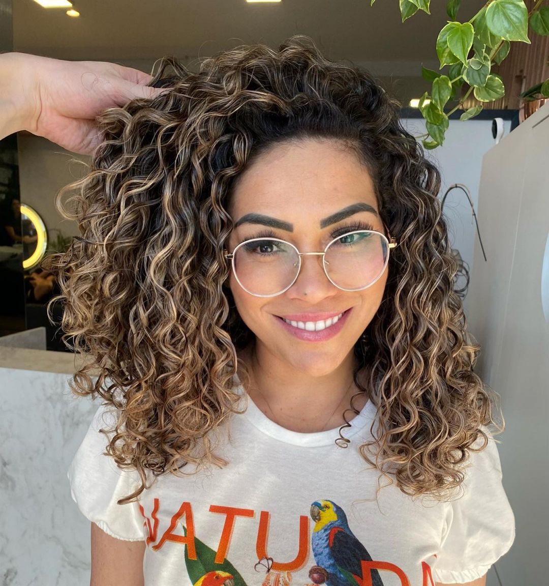 Collarbone Curls With Caramel Highlights, Layers Collarbone Curls With Caramel Highlights, Layers — Trendy Brown Curly Hair