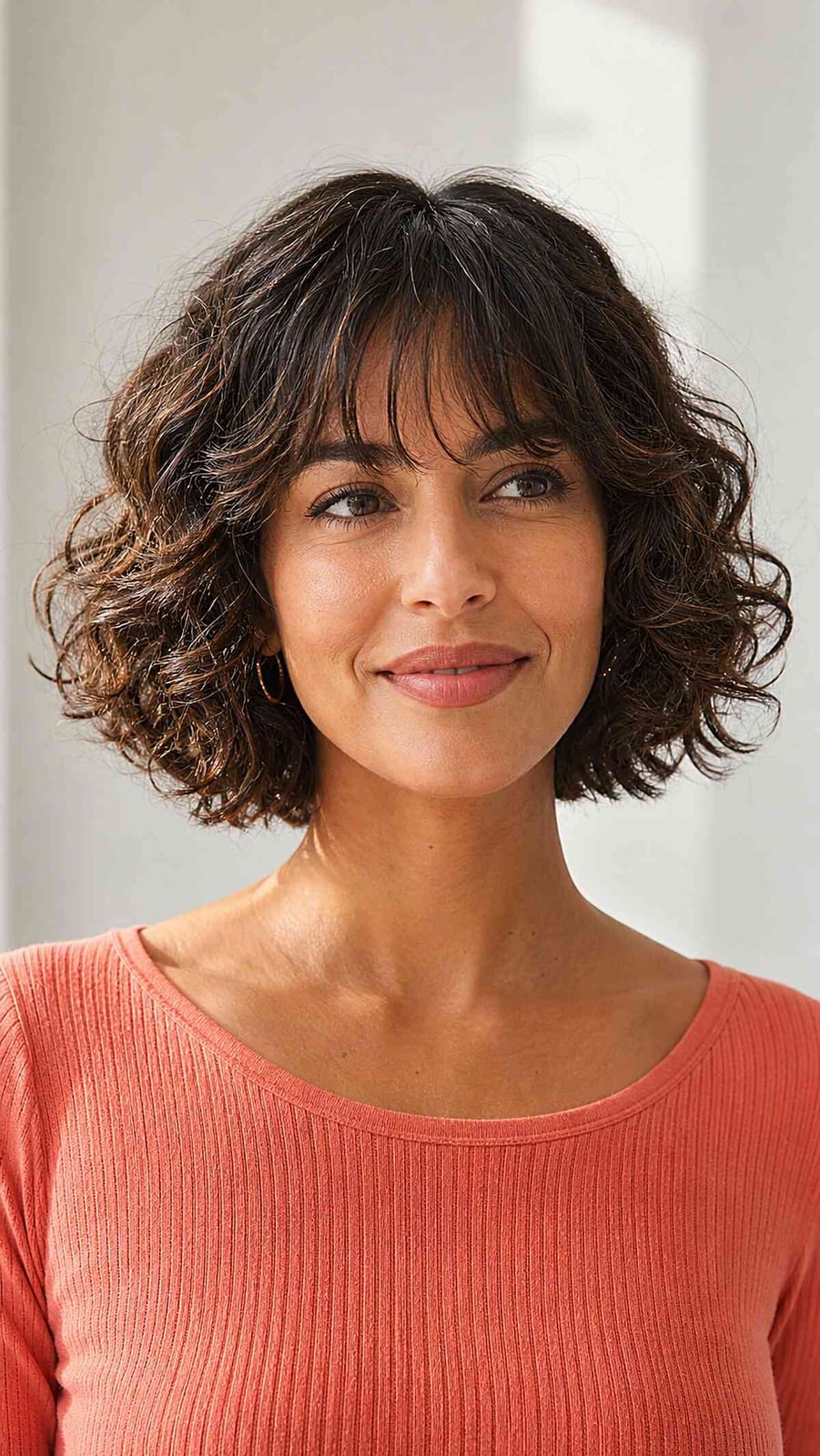 Chin Length Bob With Short Curly Bangs Chin Length Bob With Short Curly Bangs — Trendy Brown Curly Hair