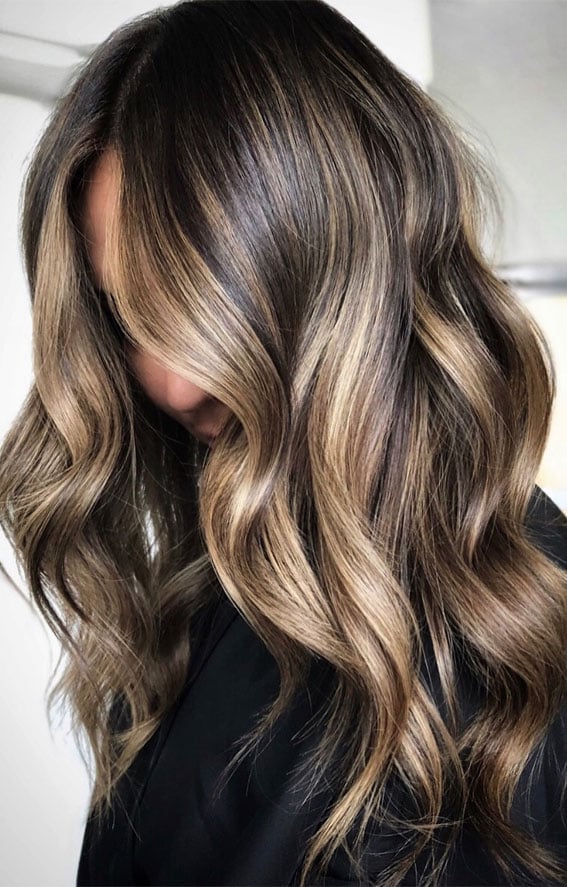Rich Brunette Mid-Back With Cool Blonde Highlights Rich Brunette Mid-Back With Cool Blonde Highlights — Trendy Brown Hair with Blonde Highlights