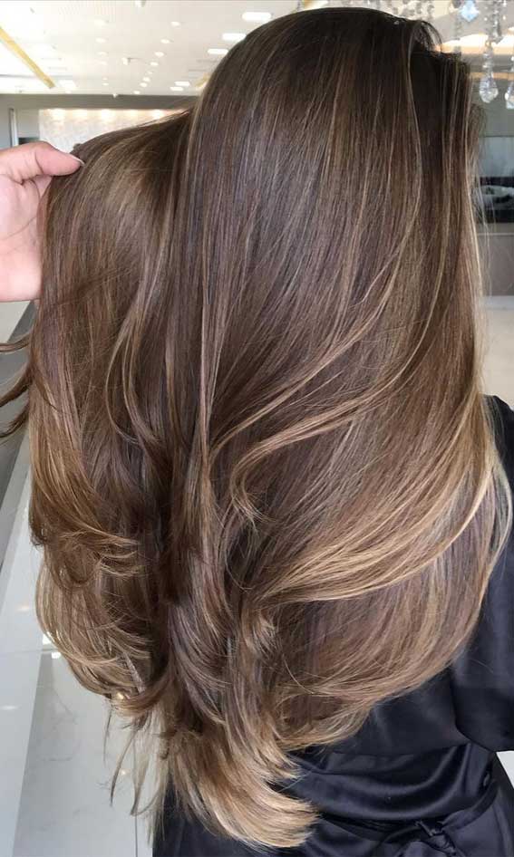 Light Brown Mid-Back Waves With Blended Highlights Light Brown Mid-Back Waves With Blended Highlights — Trendy Brown Hair with Blonde Highlights