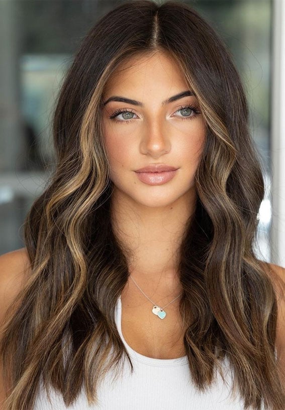 Dark Brown Mid-Back With Face-Framing Curtain Bangs Dark Brown Mid-Back With Face-Framing Curtain Bangs — Trendy Brown Hair with Blonde Highlights
