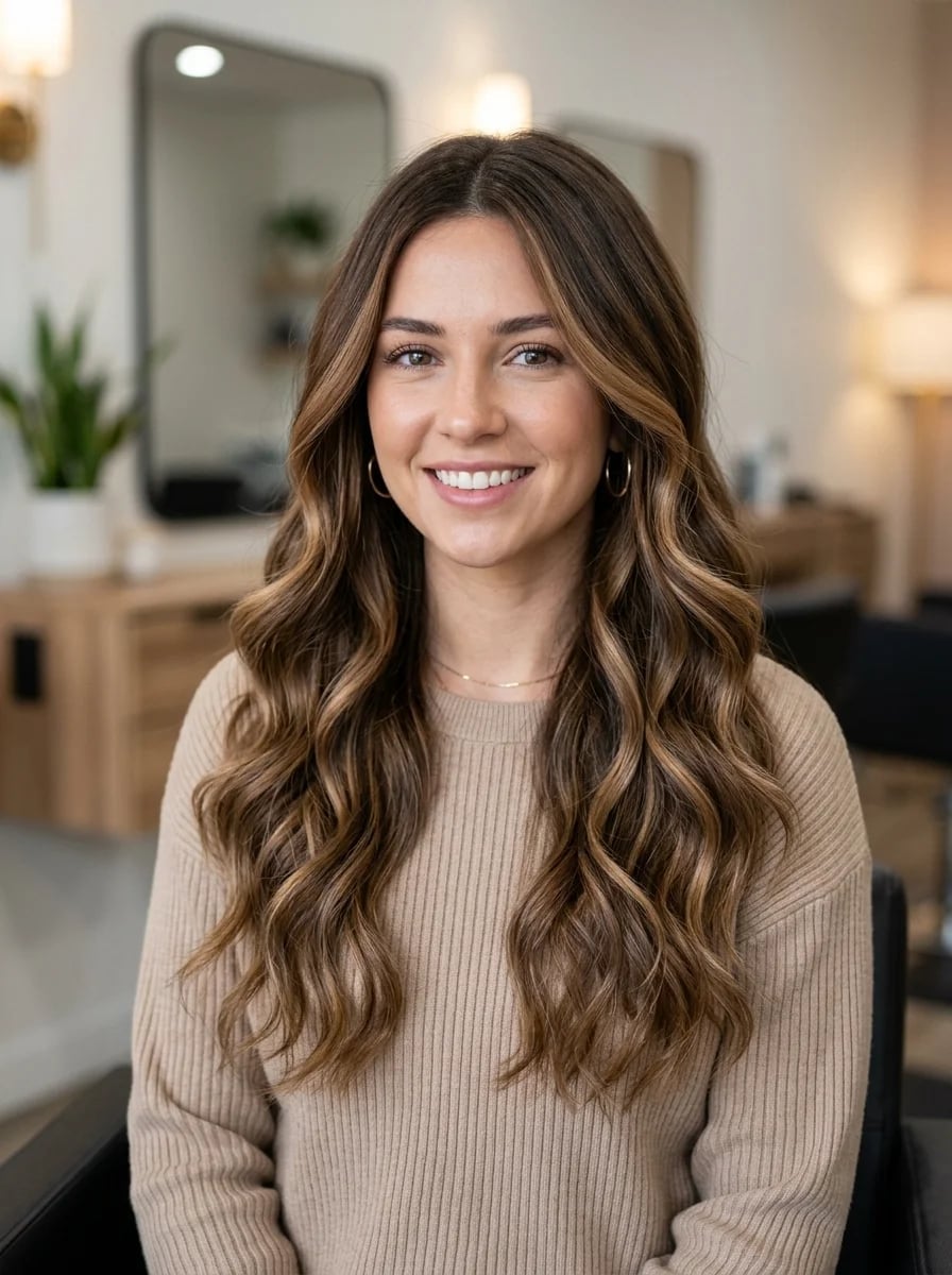 Glossy Collarbone Waves With Blonde Dimension Glossy Collarbone Waves With Blonde Dimension — Trendy Brown Hair with Blonde Highlights