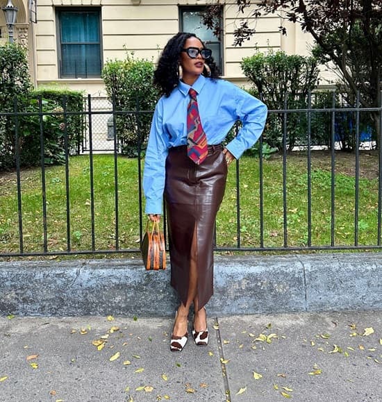 Button-Down Shirt With Brown Leather Midi Skirt — Trendy Brown Leather Skirt Outfit