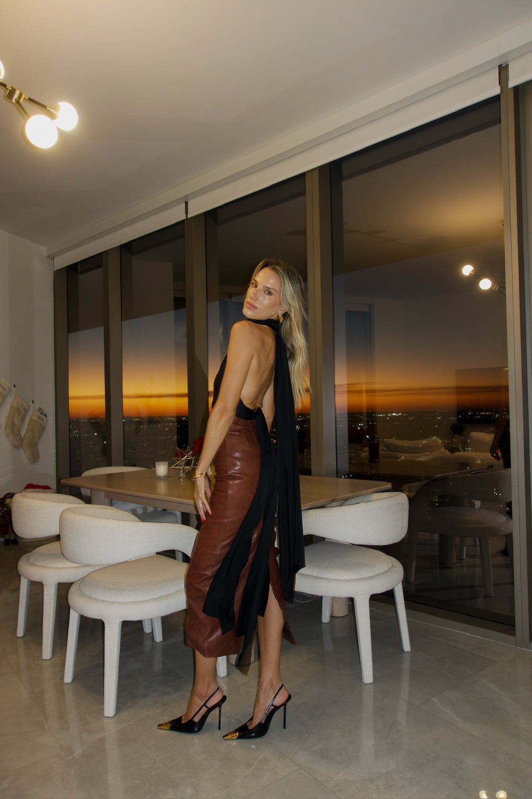 Black Halter Top With Brown Leather Pencil Skirt — Trendy Brown Leather Skirt Outfit