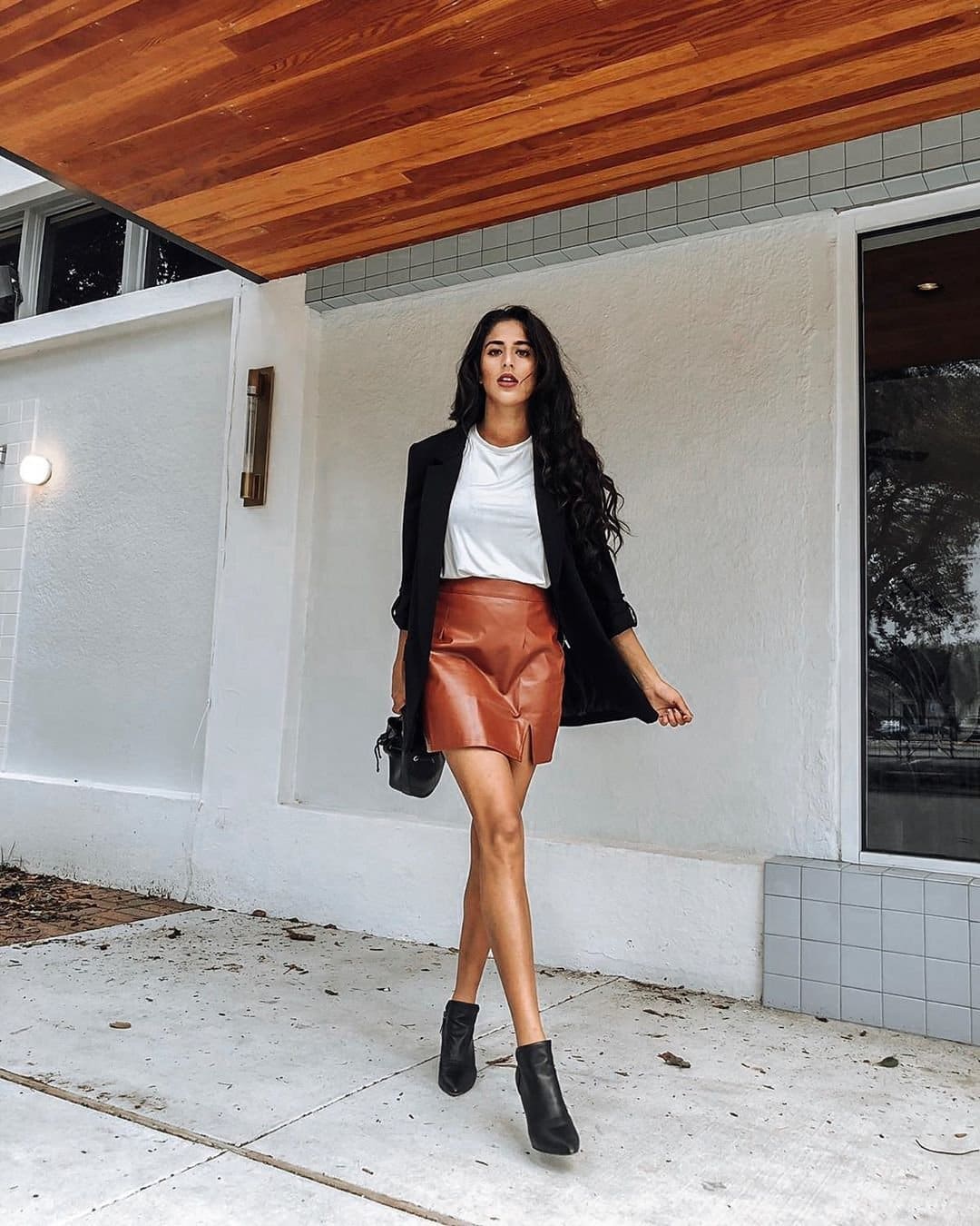 Black Leather Mini Skirt With Blazer — Trendy Brown Leather Skirt Outfit