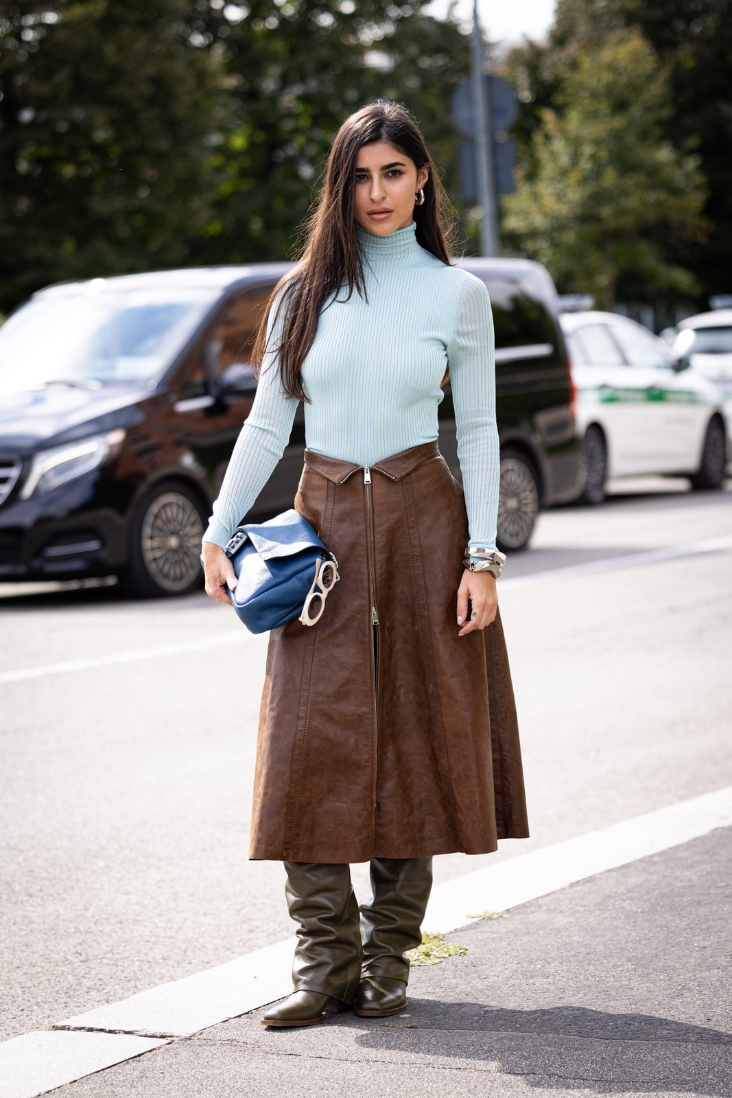 Brown A-Line Midi Skirt With Ribbed Turtleneck — Trendy Brown Leather Skirt Outfit