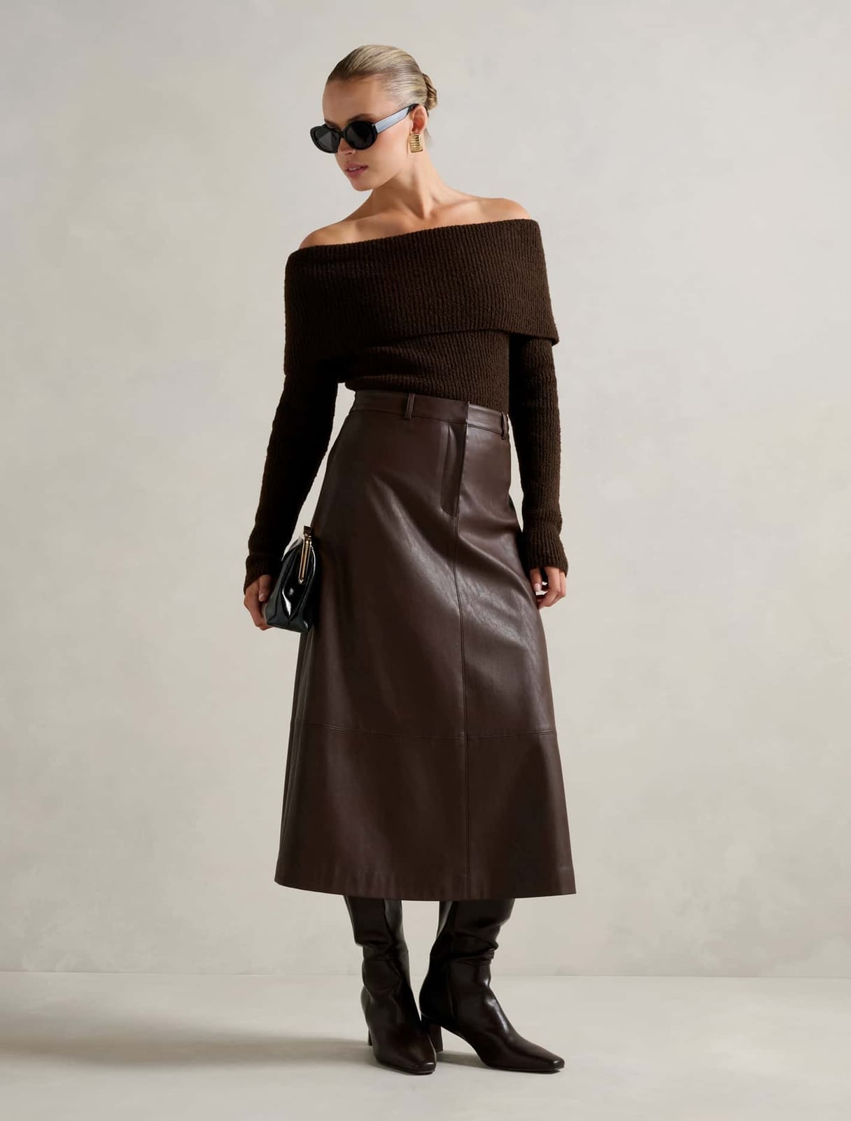 Off-the-Shoulder Knit Top With Faux Leather Midi Skirt — Trendy Brown Leather Skirt Outfit