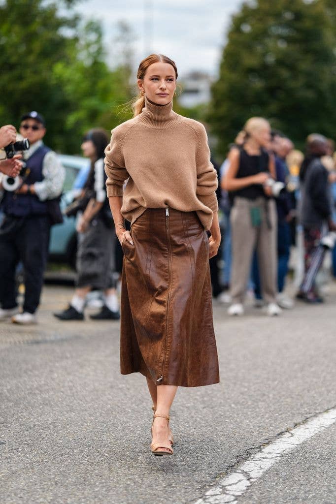 Beige Turtleneck With Leather Midi Skirt — Trendy Brown Leather Skirt Outfit