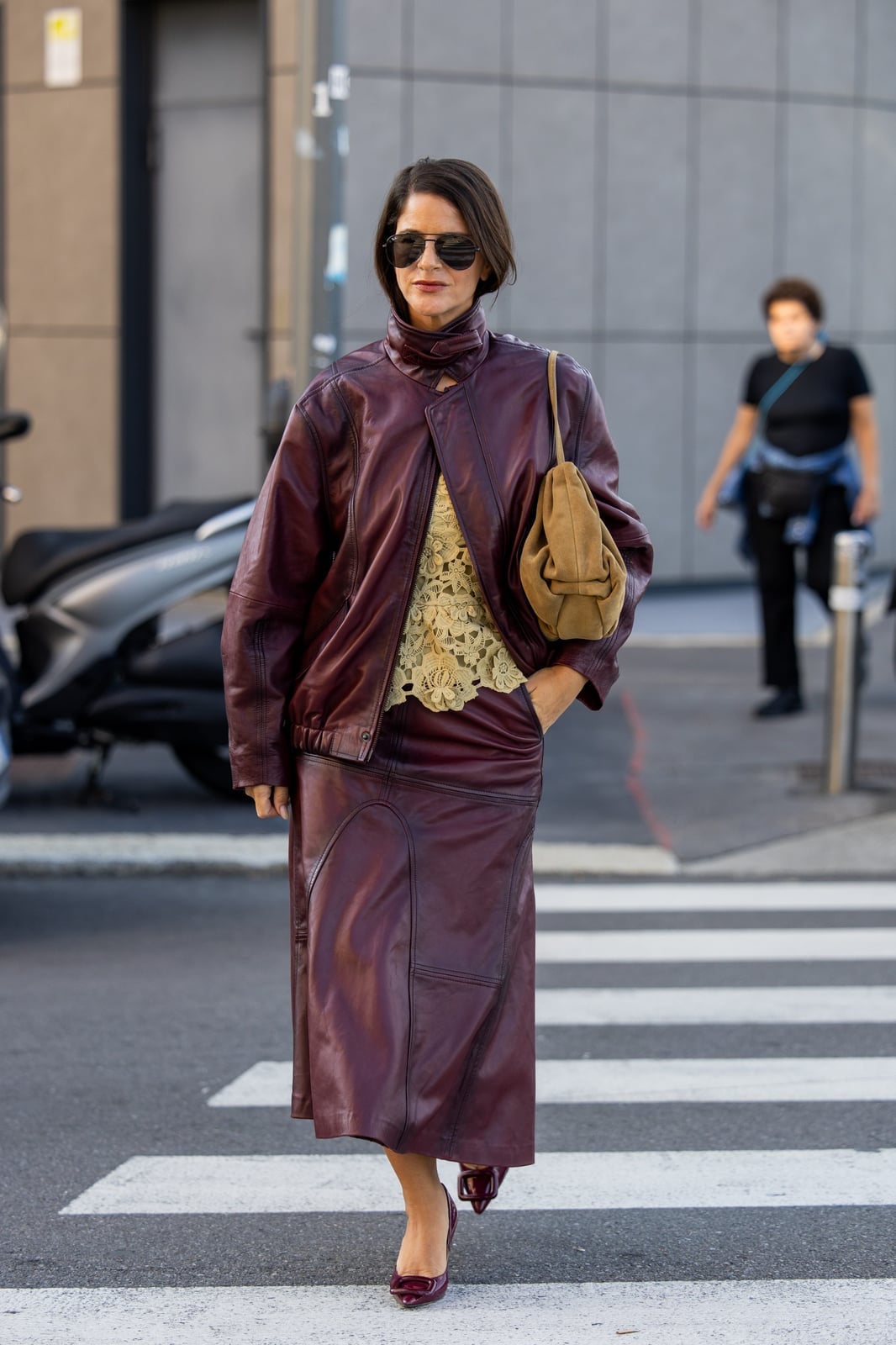 Burgundy Leather Midi Skirt Set With Bomber Jacket — Trendy Brown Leather Skirt Outfit