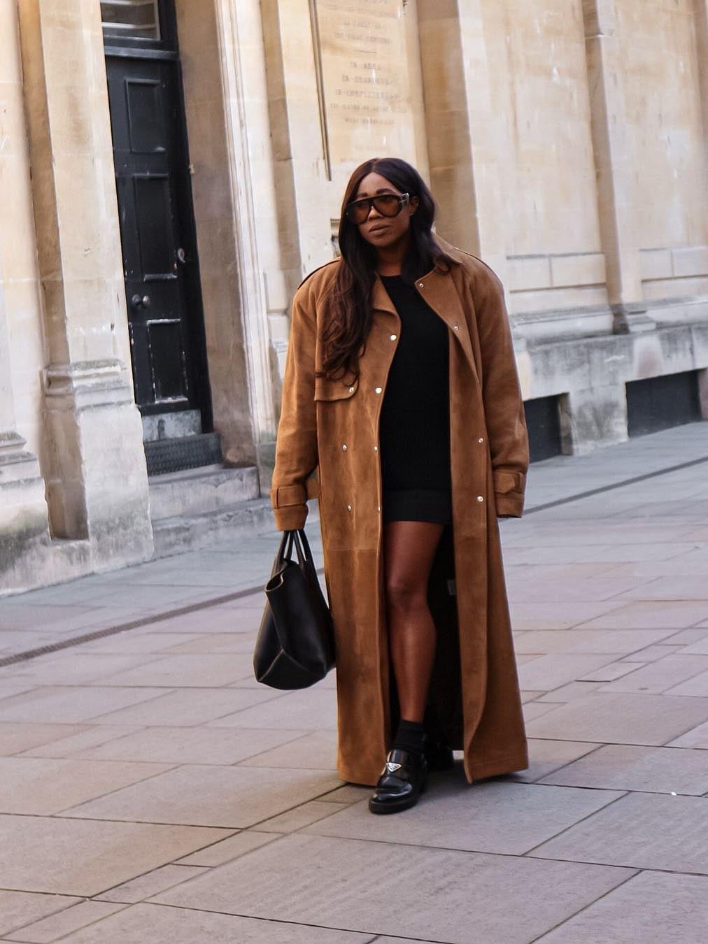 Black Patent Loafers with Brown Suede Trench Coat — Trendy Brown Loafers Outfit
