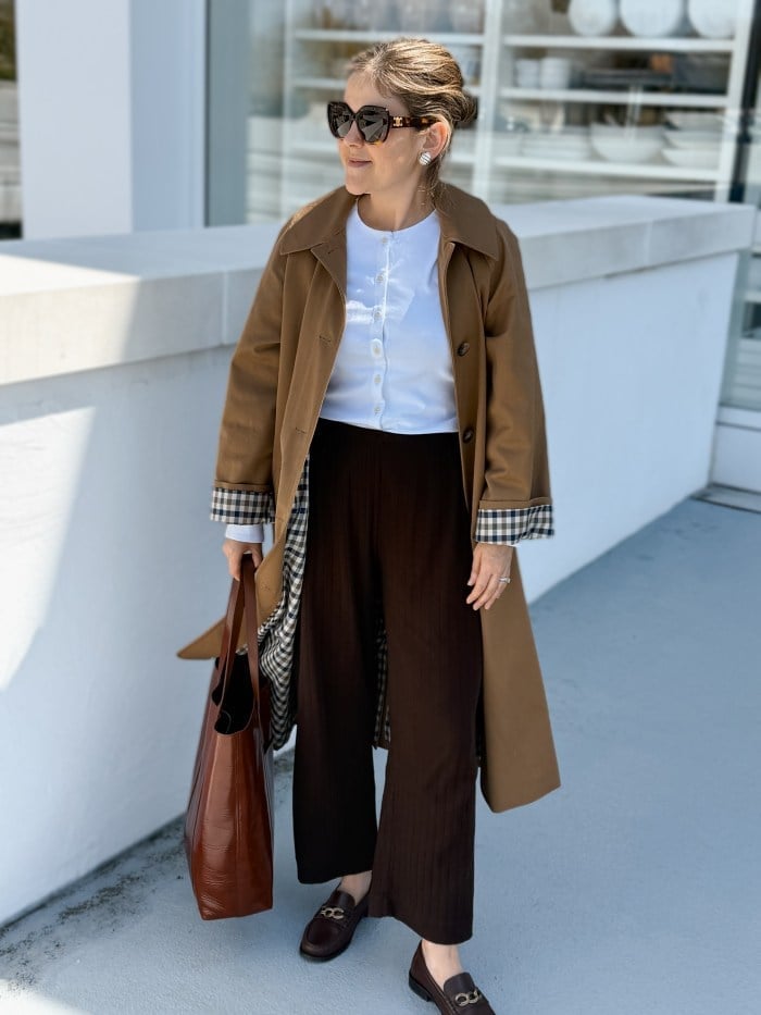 Brown Loafers with Trench Coat and Wide-Leg Knit Pants — Trendy Brown Loafers Outfit