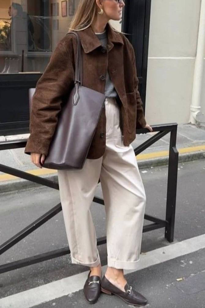 Brown Loafers with Suede Jacket and Cream Wide-Leg Pants — Trendy Brown Loafers Outfit