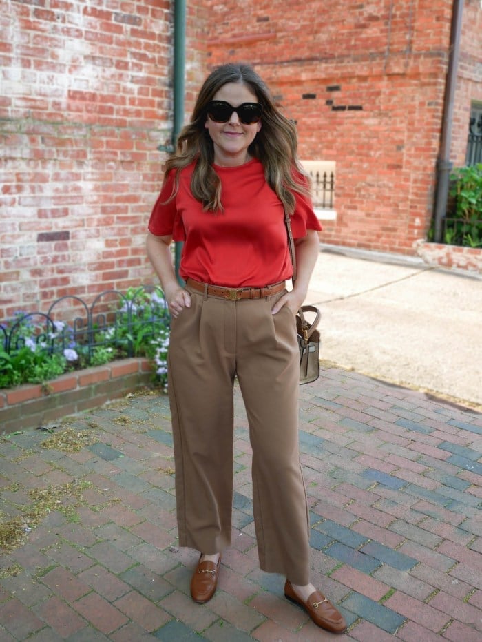 Brown Leather Loafers with Silk Top and Wide-Leg Trousers — Trendy Brown Loafers Outfit