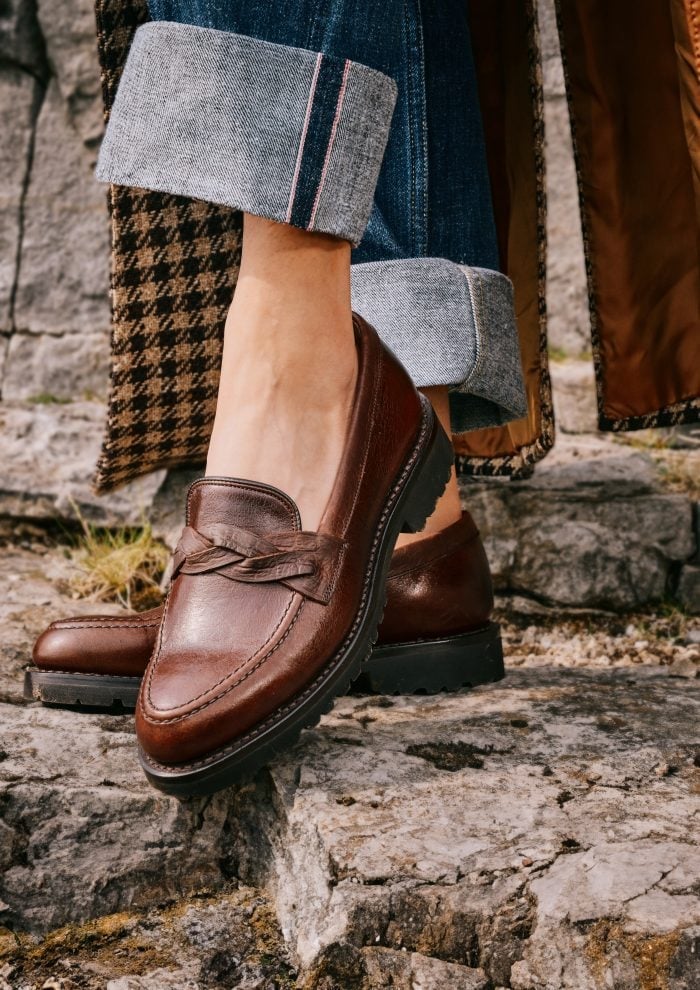 Brown Leather Loafers with Braided Detail and Houndstooth Coat — Trendy Brown Loafers Outfit