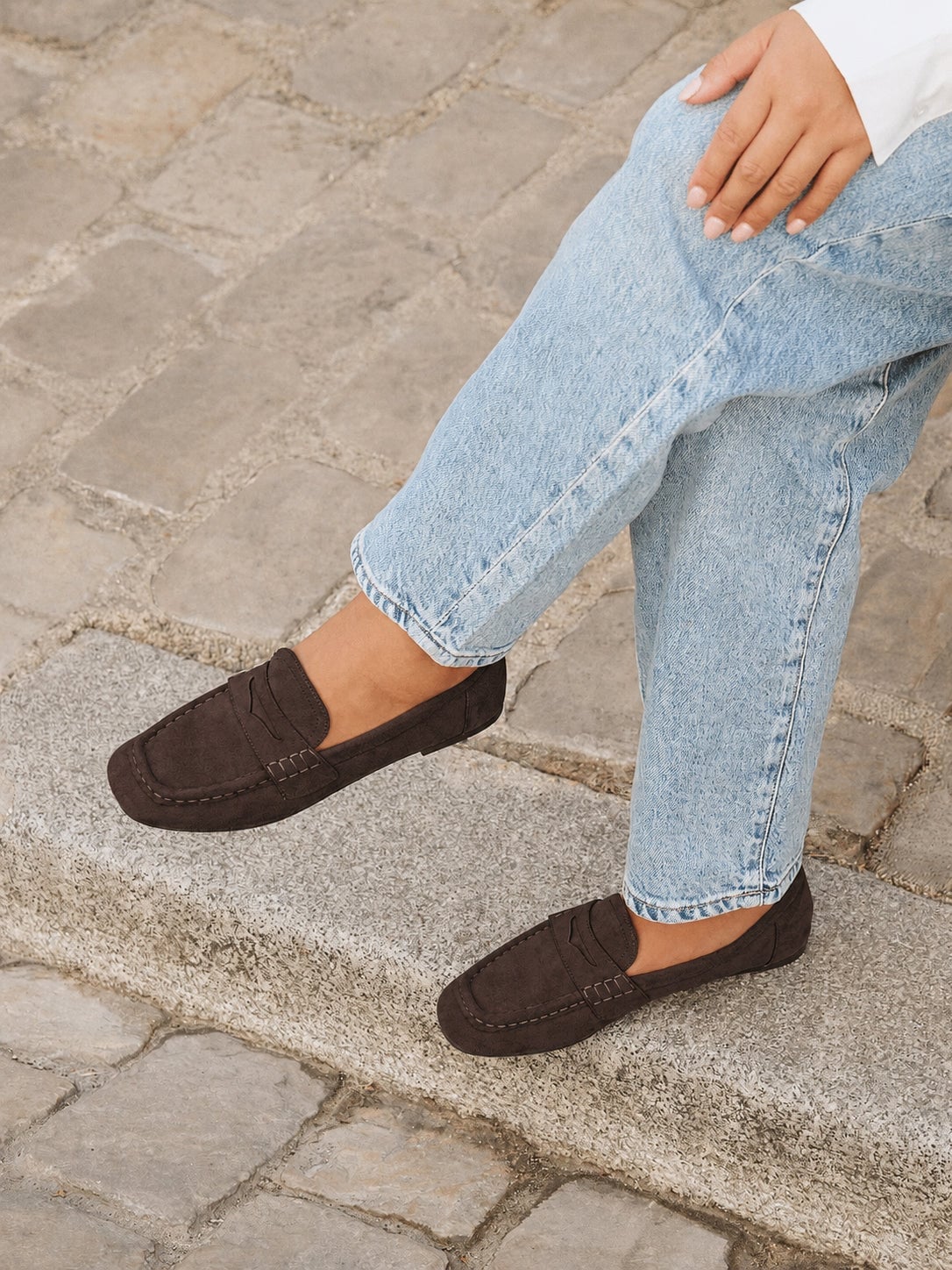 Brown Suede Penny Loafers and Cropped Trousers Detail — Trendy Brown Loafers Outfit