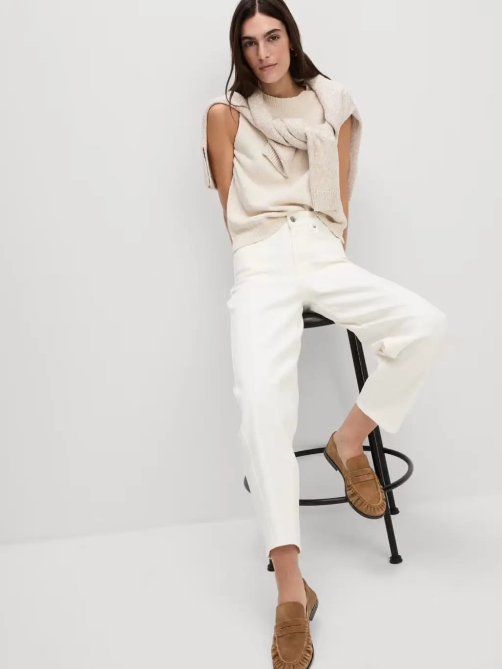 Brown Suede Penny Loafers with Wide-Leg Jeans and Knitwear — Trendy Brown Loafers Outfit