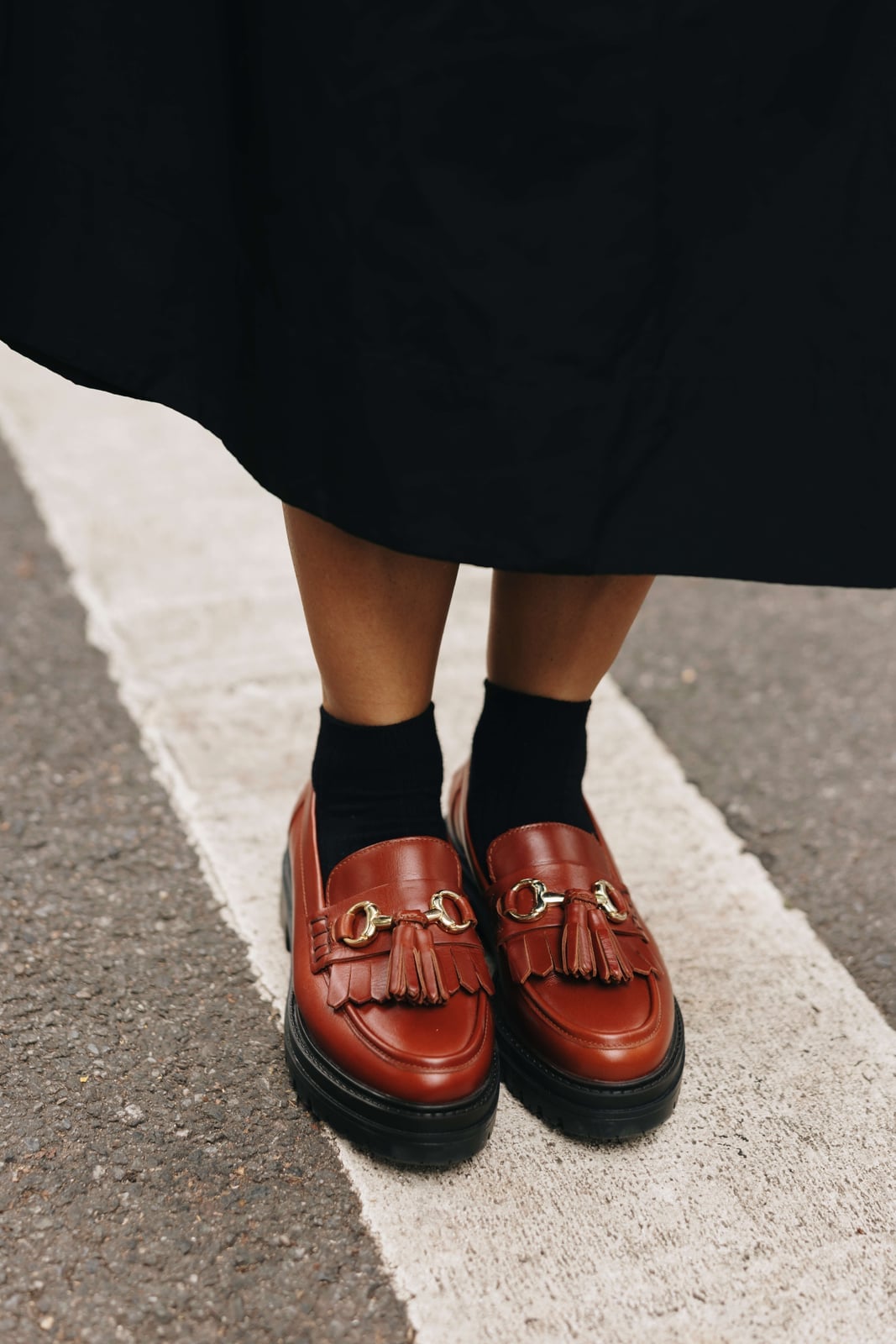 Brown Chunky Loafers with Gold Hardware and Black, Everyday Version — Trendy Brown Loafers Outfit