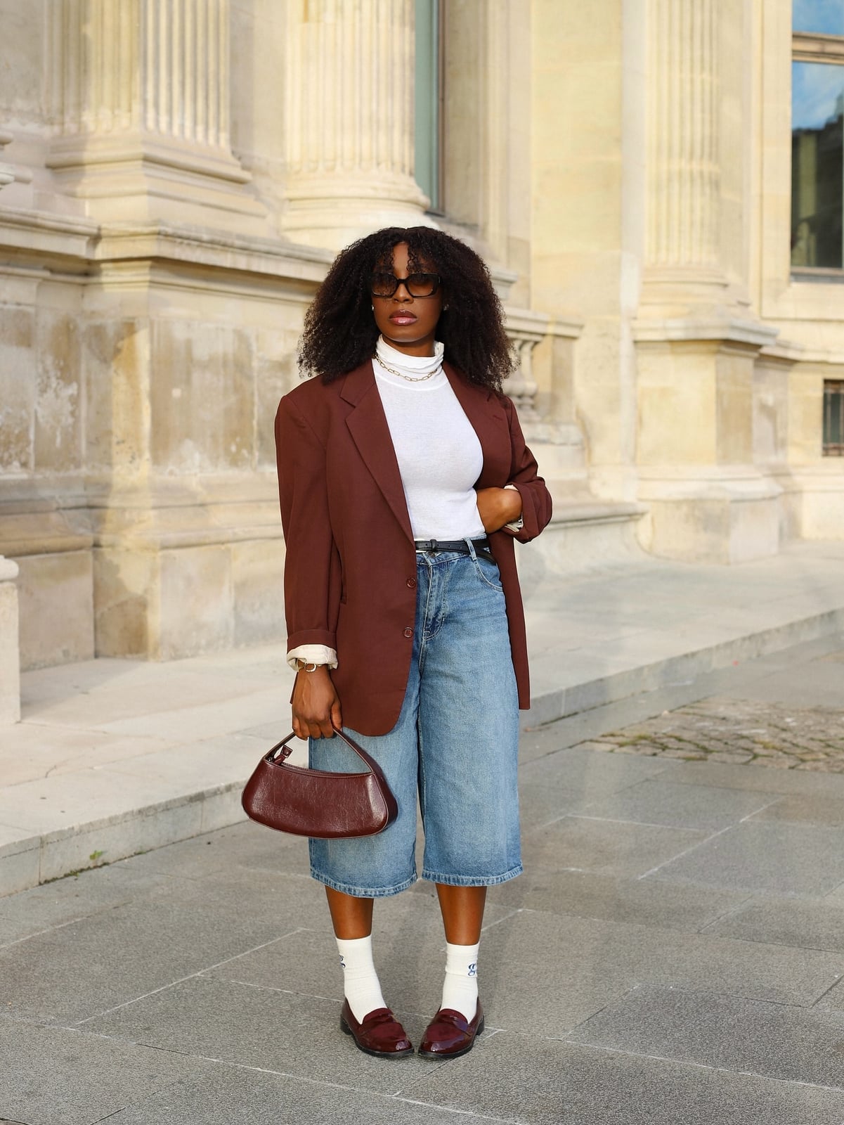 Burgundy Loafers with Oversized Blazer and Culottes — Trendy Brown Loafers Outfit