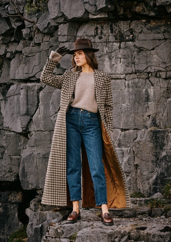 Brown Penny Loafers with Checked Coat and Knit Sweater — Trendy Brown Loafers Outfit