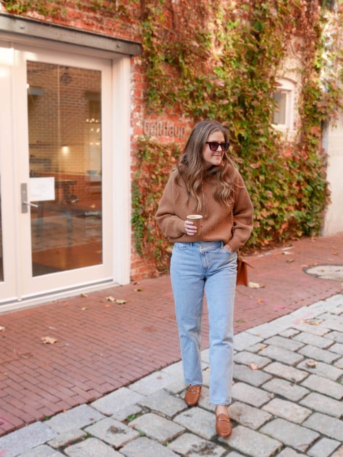 Brown Leather Penny Loafers and Light Wash Jeans Detail — Trendy Brown Loafers Outfit