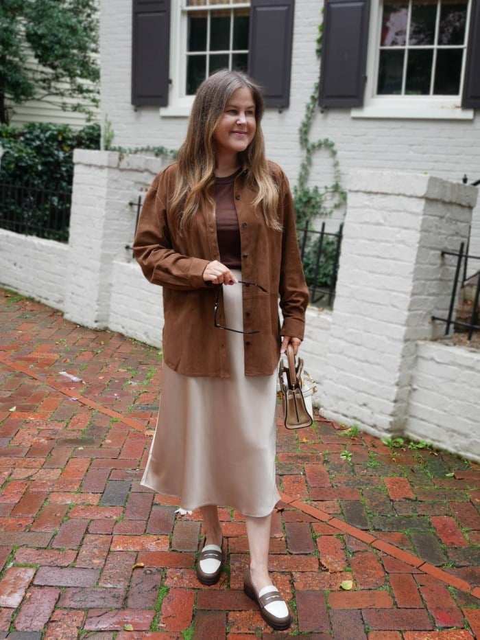 Brown and White Loafers with Suede Shirt and Slip Dress — Trendy Brown Loafers Outfit