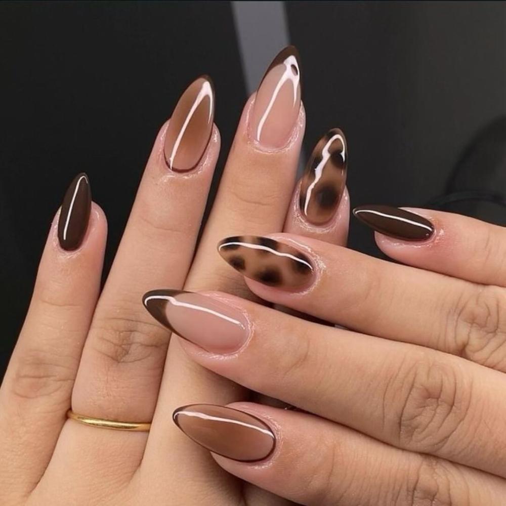 Medium Almond Leopard Print French Tip Nails — Trendy Brown Nails