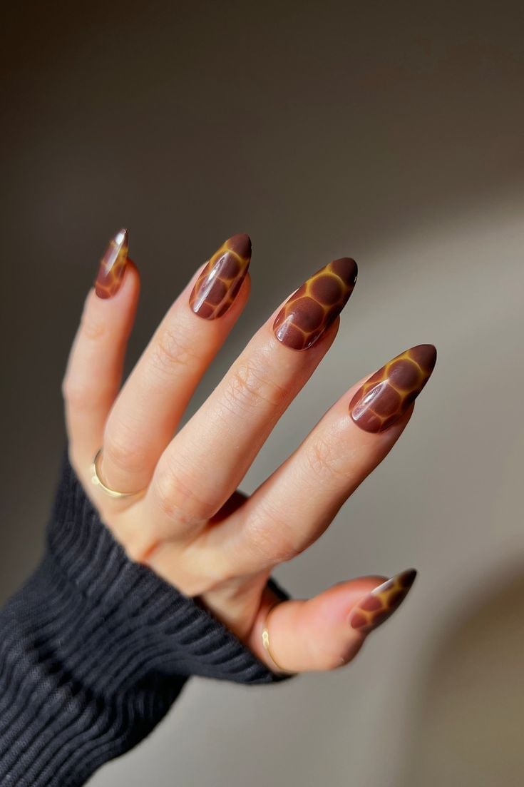 Long Stiletto Glossy Brown Animal Print Nails — Trendy Brown Nails