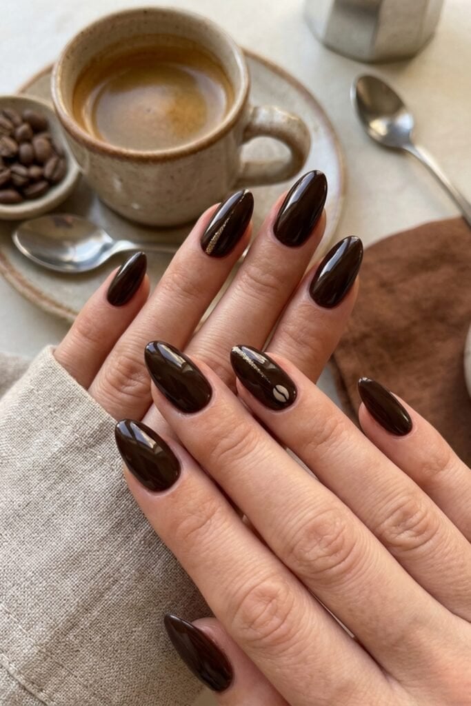 Medium Almond Glossy Brown Coffee Bean Design Nails — Trendy Brown Nails