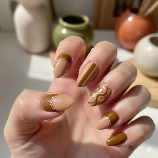 Medium Almond Brown and Gold Foil Accent Nails — Trendy Brown Nails