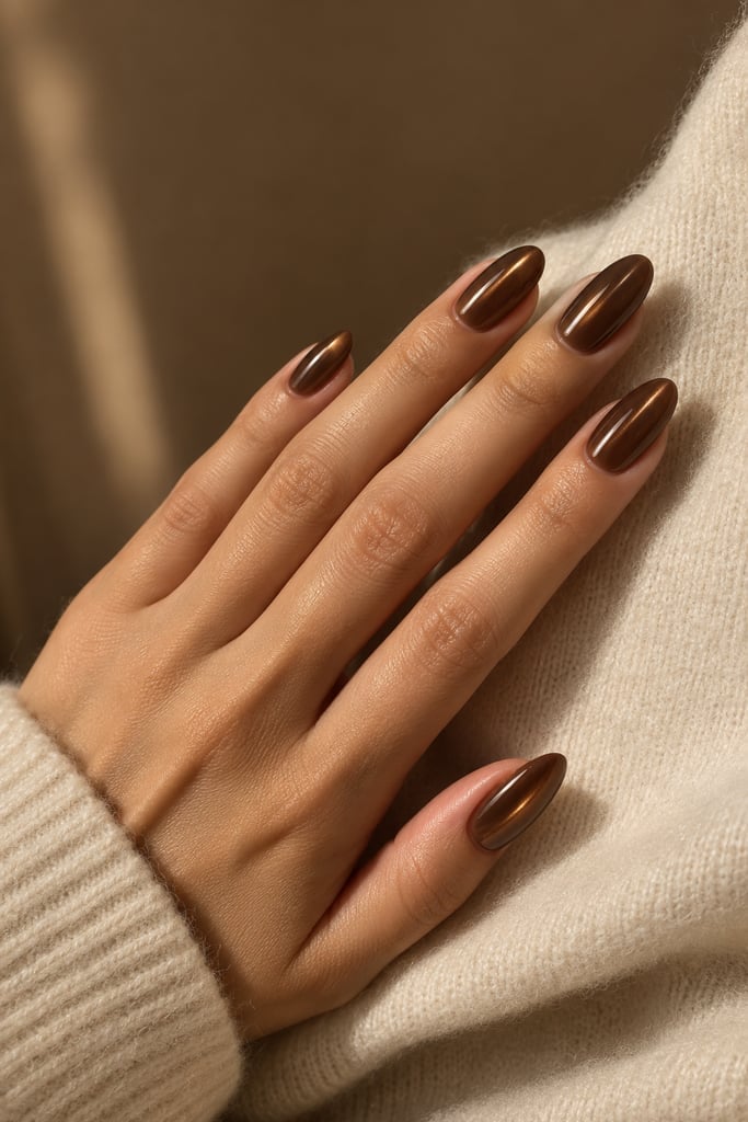 Medium Almond Glossy Brown Chrome Nails — Trendy Brown Nails