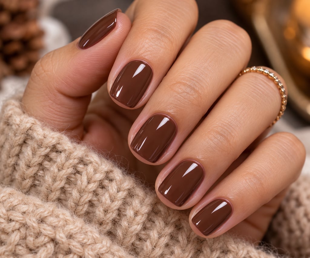 Short Oval Glossy Floral Pattern Nails — Trendy Brown Nails