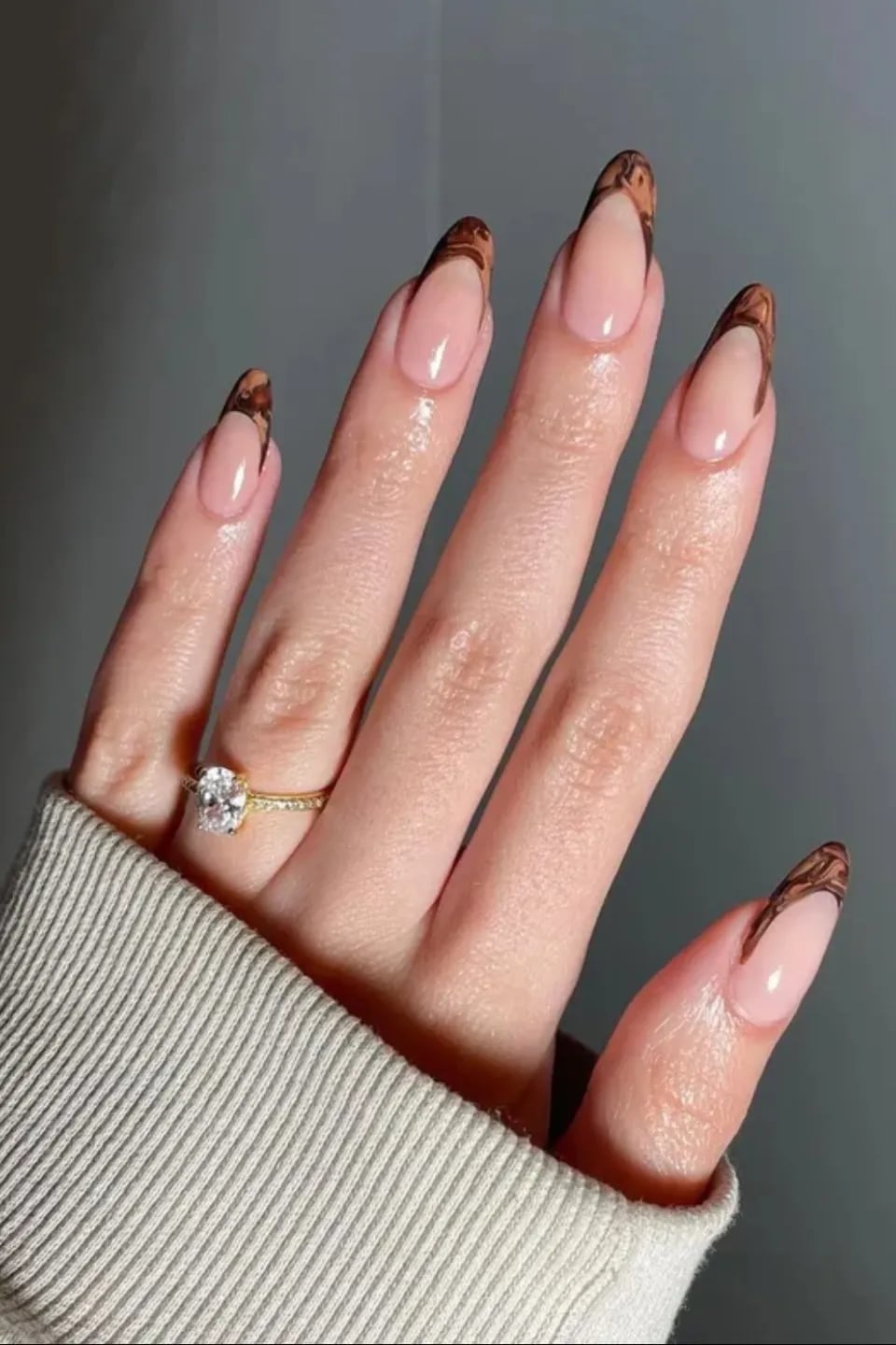 Long Oval Glossy Brown French Tips Tortoiseshell — Trendy Brown Nails