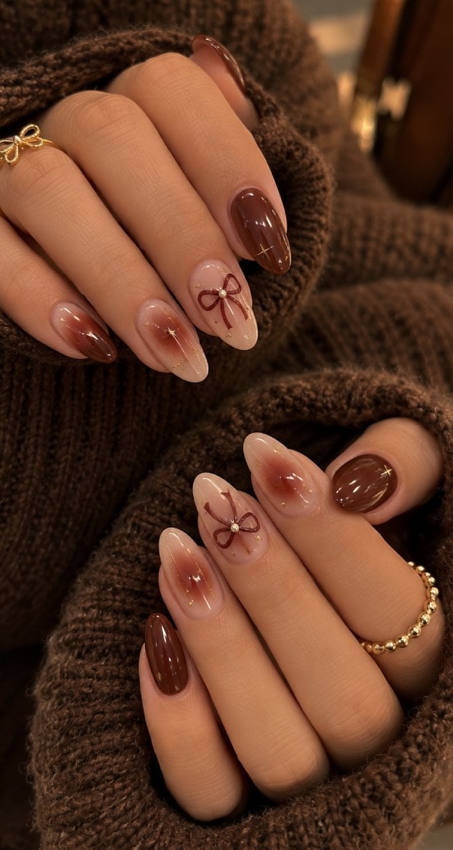 Medium Almond Aura Gradient Brown Pink Nails — Trendy Brown Nails