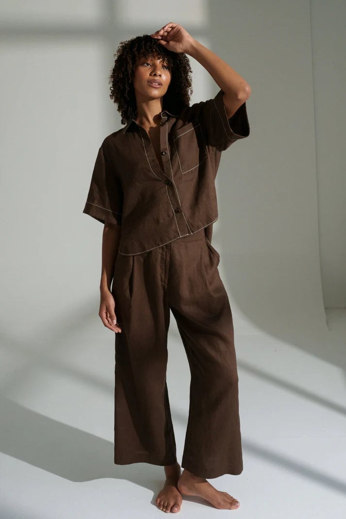 Dark Brown Linen Set with Wide-Leg Trousers, Low-Key Version Dark Brown Linen Set with Wide-Leg Trousers, Low-Key Version — Trendy Brown Pants Outfits