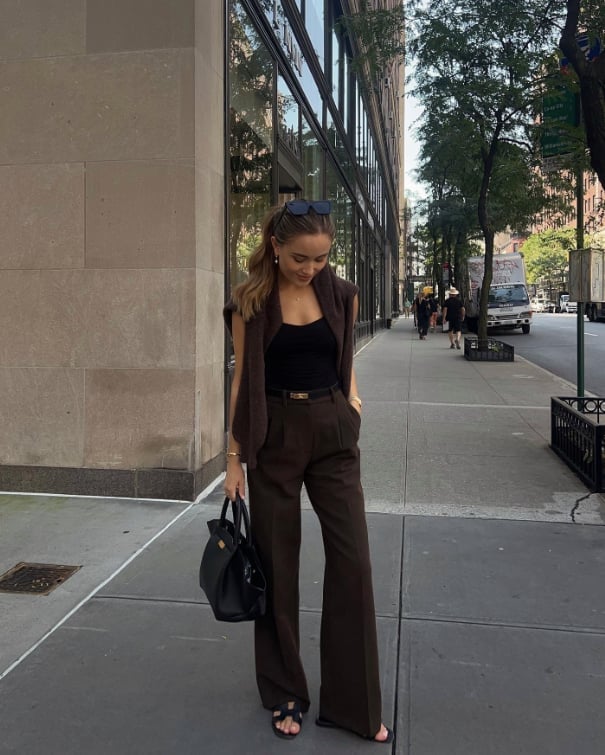 Dark Brown Trousers with a Black Tank and Draped, Close-Up Take Dark Brown Trousers with a Black Tank and Draped, Close-Up Take — Trendy Brown Pants Outfits