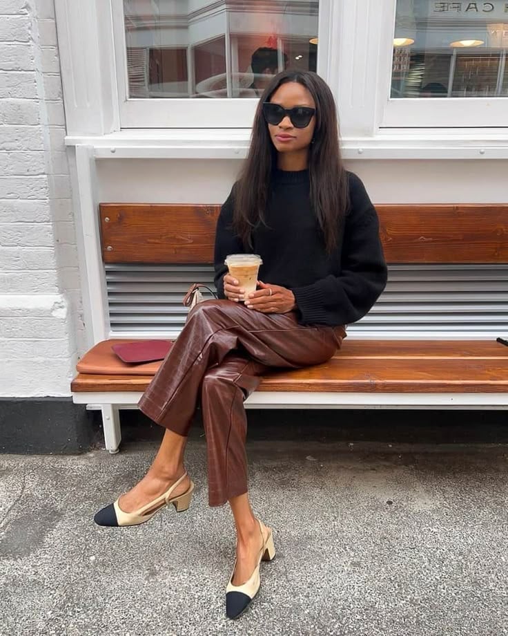 Brown Leather Trousers with a Black Sweater, Straight-Leg Brown Leather Trousers with a Black Sweater, Straight-Leg — Trendy Brown Pants Outfits