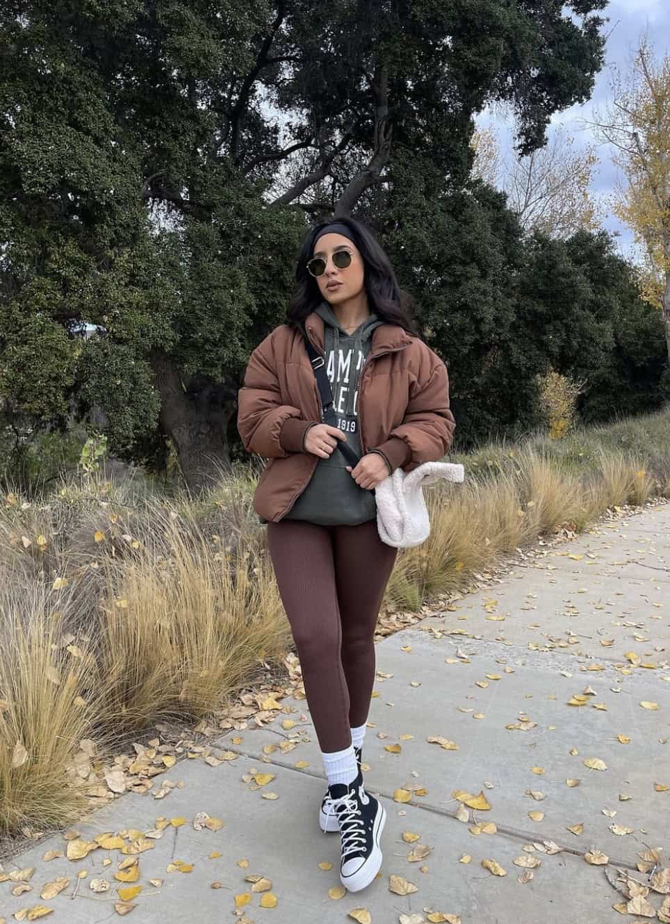 Brown Leggings with a Green Hoodie and Puffer, Office-Safe Version Brown Leggings with a Green Hoodie and Puffer, Office-Safe Version — Trendy Brown Pants Outfits