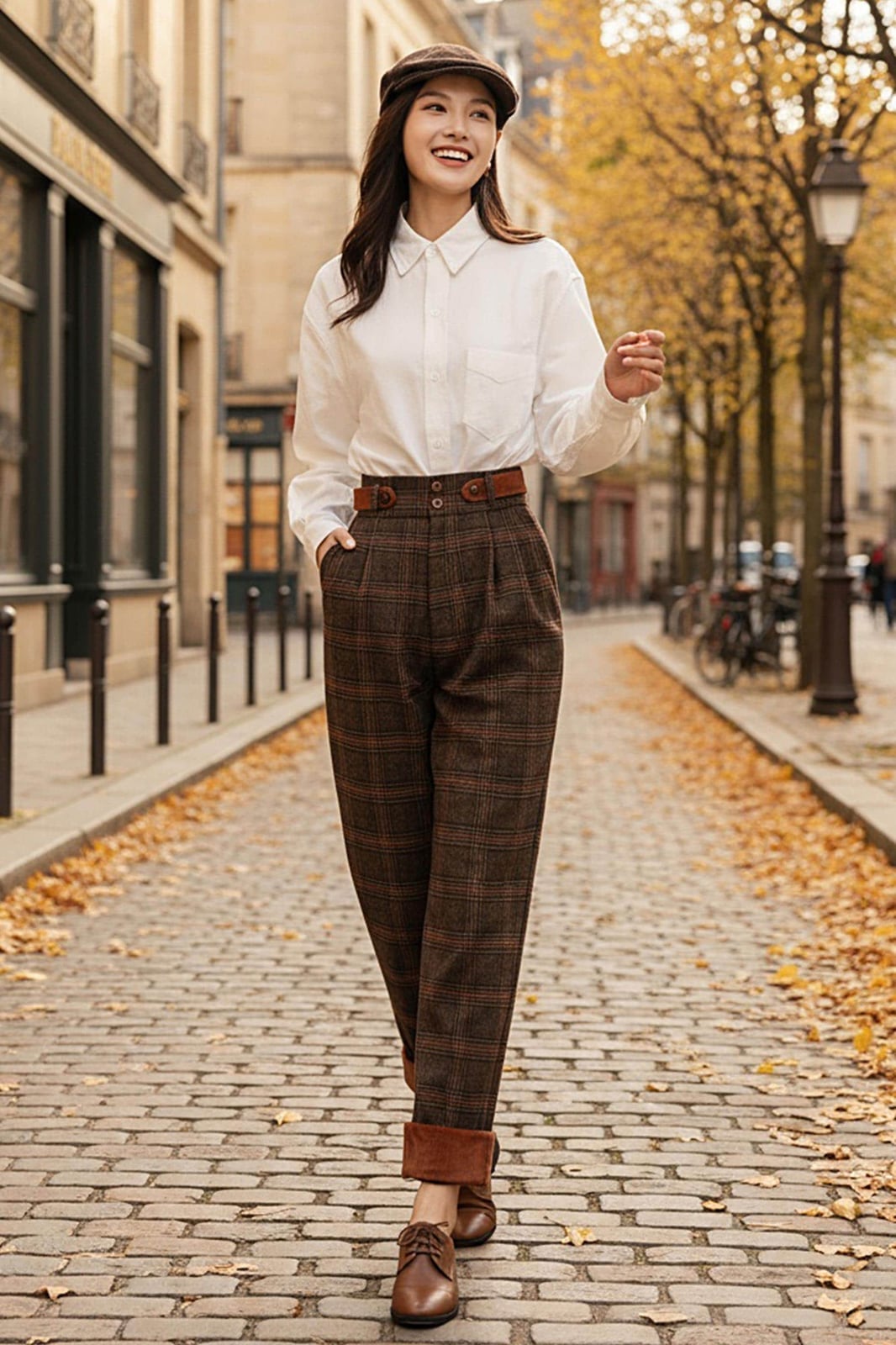Brown Plaid Trousers with a White Shirt and Loafers Brown Plaid Trousers with a White Shirt and Loafers — Trendy Brown Pants Outfits