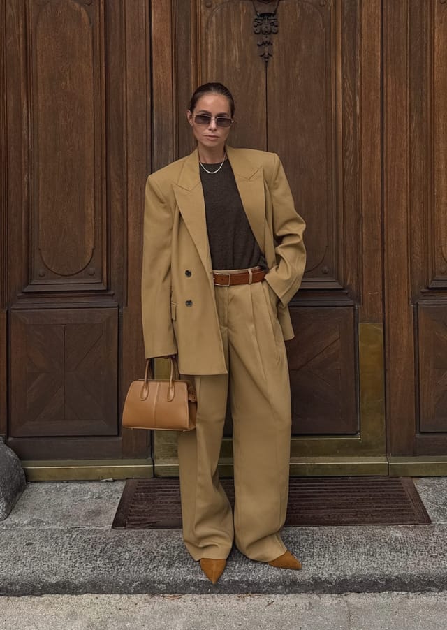 Business Casual Brown Trousers with a Camel Blazer, Close-Up Take Business Casual Brown Trousers with a Camel Blazer, Close-Up Take — Trendy Brown Pants Outfits