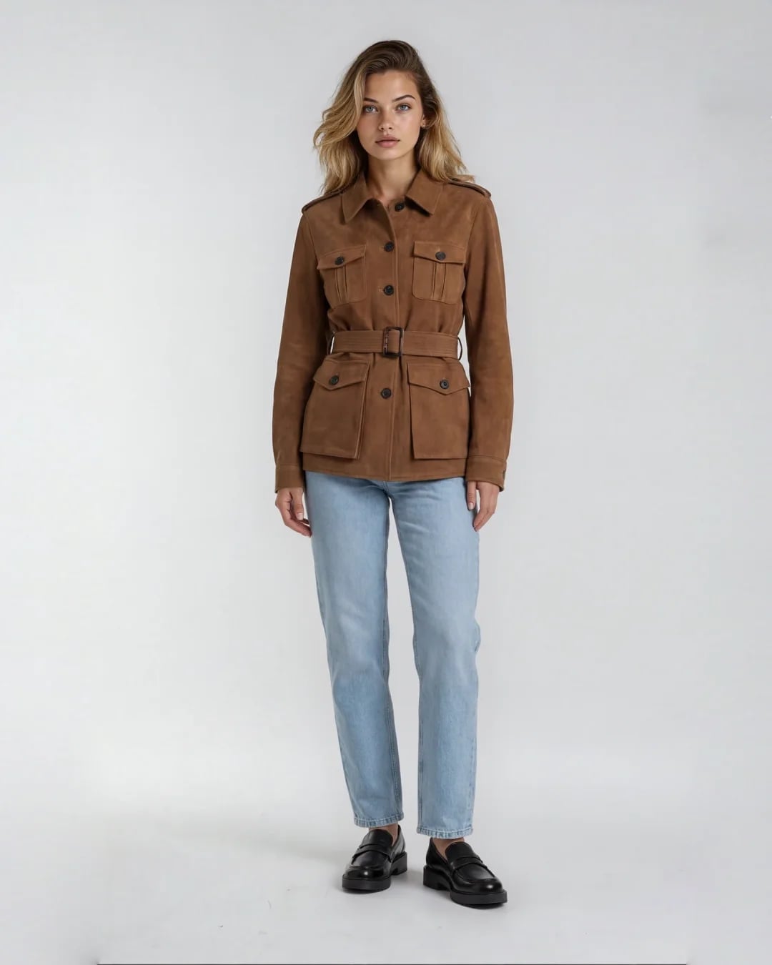 Belted Brown Suede Safari Jacket with Jeans Belted Brown Suede Safari Jacket with Jeans — Trendy Brown Suede Jacket Outfit