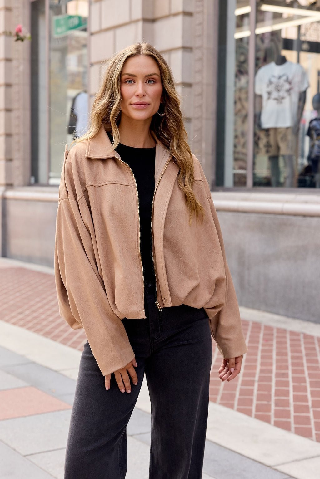 Beige Suede Bomber Jacket with Black Top Beige Suede Bomber Jacket with Black Top — Trendy Brown Suede Jacket Outfit