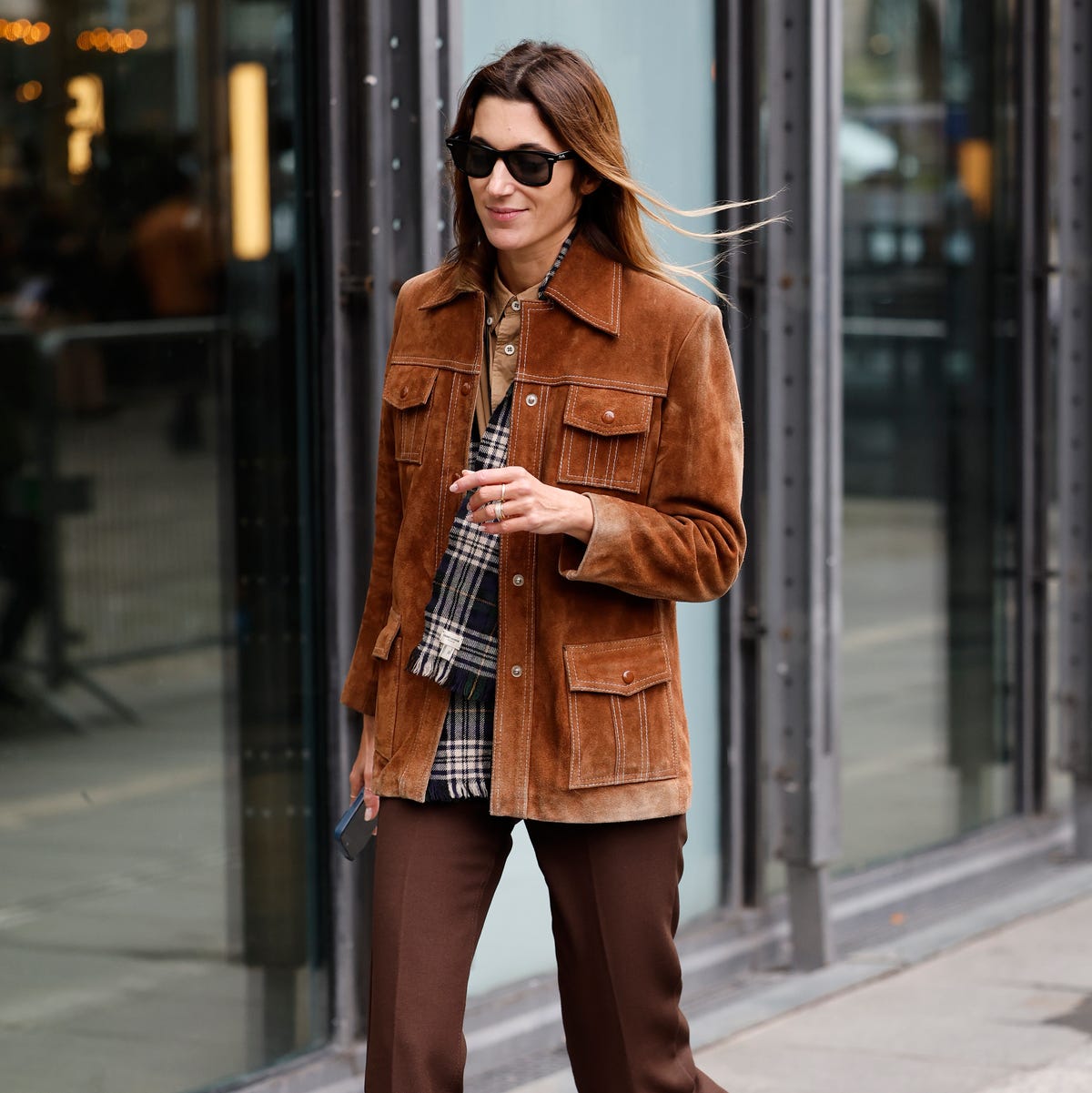 Brown Suede Jacket with Plaid Scarf and Trousers Brown Suede Jacket with Plaid Scarf and Trousers — Trendy Brown Suede Jacket Outfit