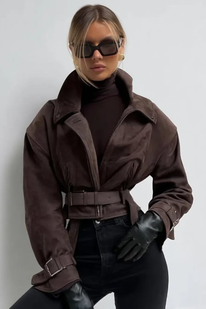 Belted Oversized Brown Suede Jacket with Black Jeans Belted Oversized Brown Suede Jacket with Black Jeans — Trendy Brown Suede Jacket Outfit