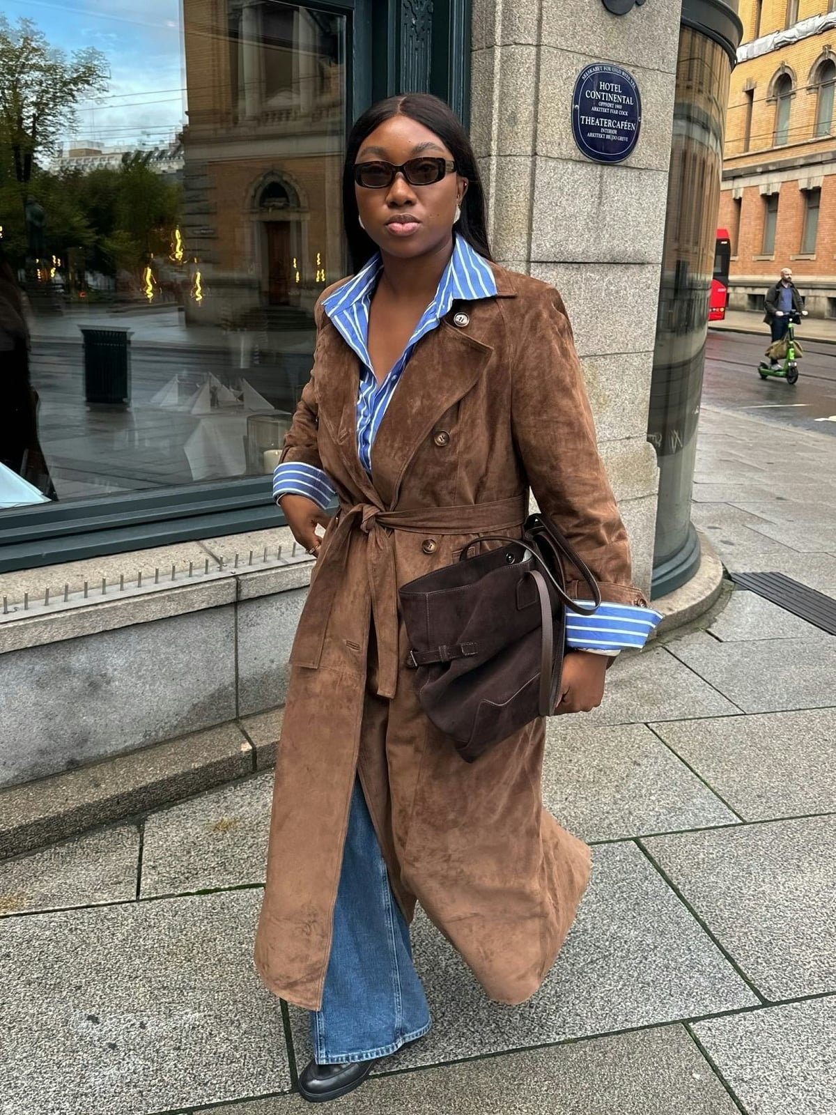 Long Brown Suede Trench Coat with Striped Shirt Long Brown Suede Trench Coat with Striped Shirt — Trendy Brown Suede Jacket Outfit