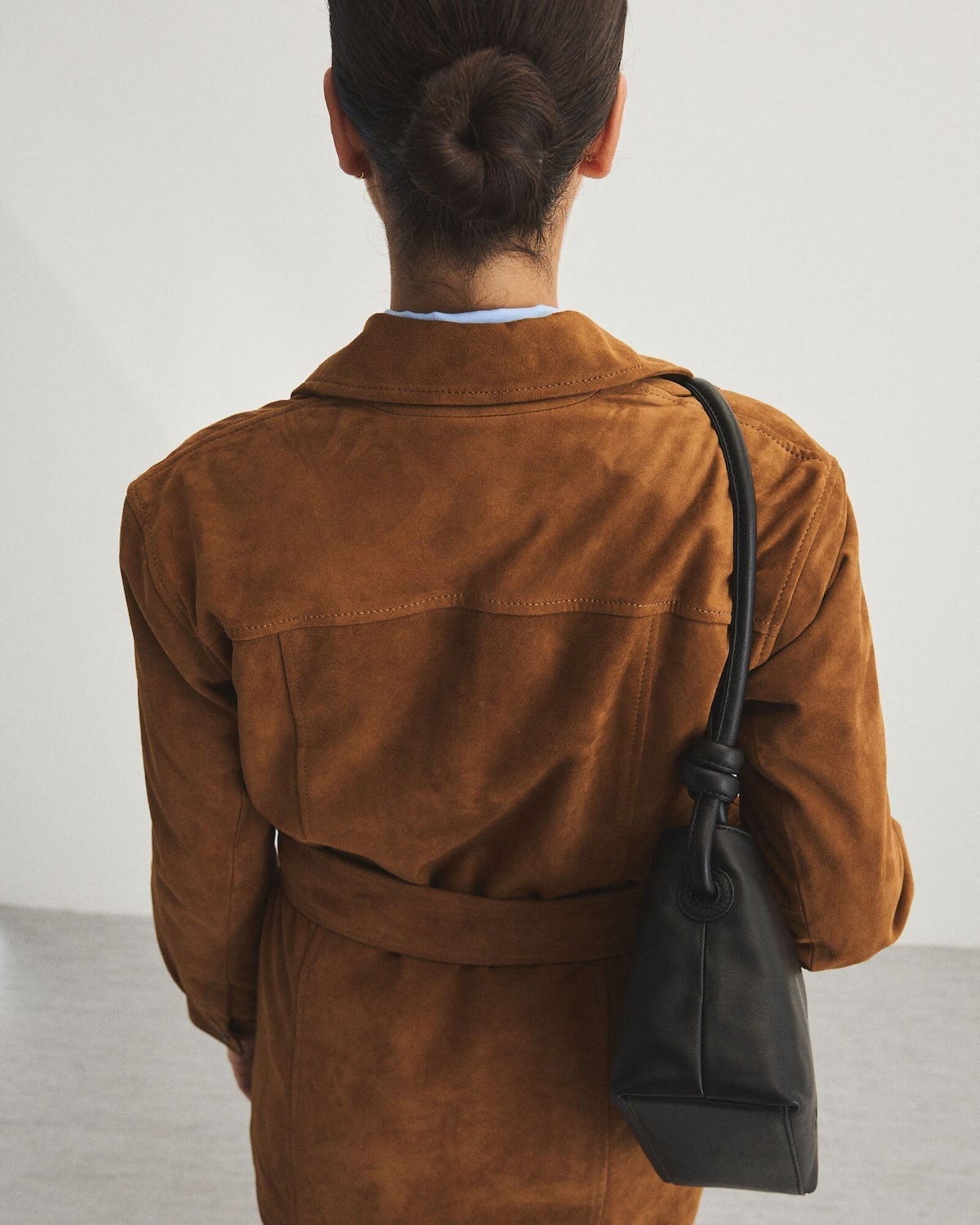 Belted Brown Suede Jacket Over Collared Shirt Belted Brown Suede Jacket Over Collared Shirt — Trendy Brown Suede Jacket Outfit
