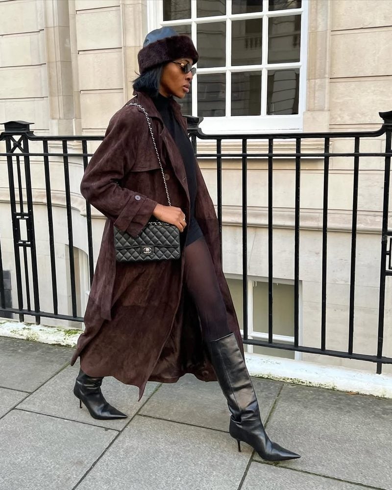 Flowing Dark Brown Suede Coat with Turtleneck Flowing Dark Brown Suede Coat with Turtleneck — Trendy Brown Suede Jacket Outfit