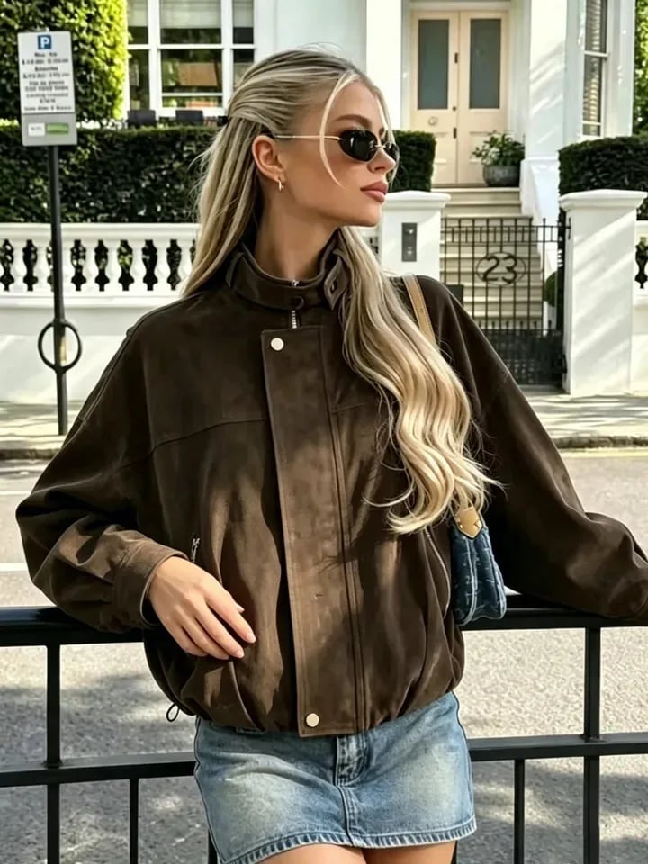 Short Dark Brown Suede Jacket with Denim Skirt Short Dark Brown Suede Jacket with Denim Skirt — Trendy Brown Suede Jacket Outfit